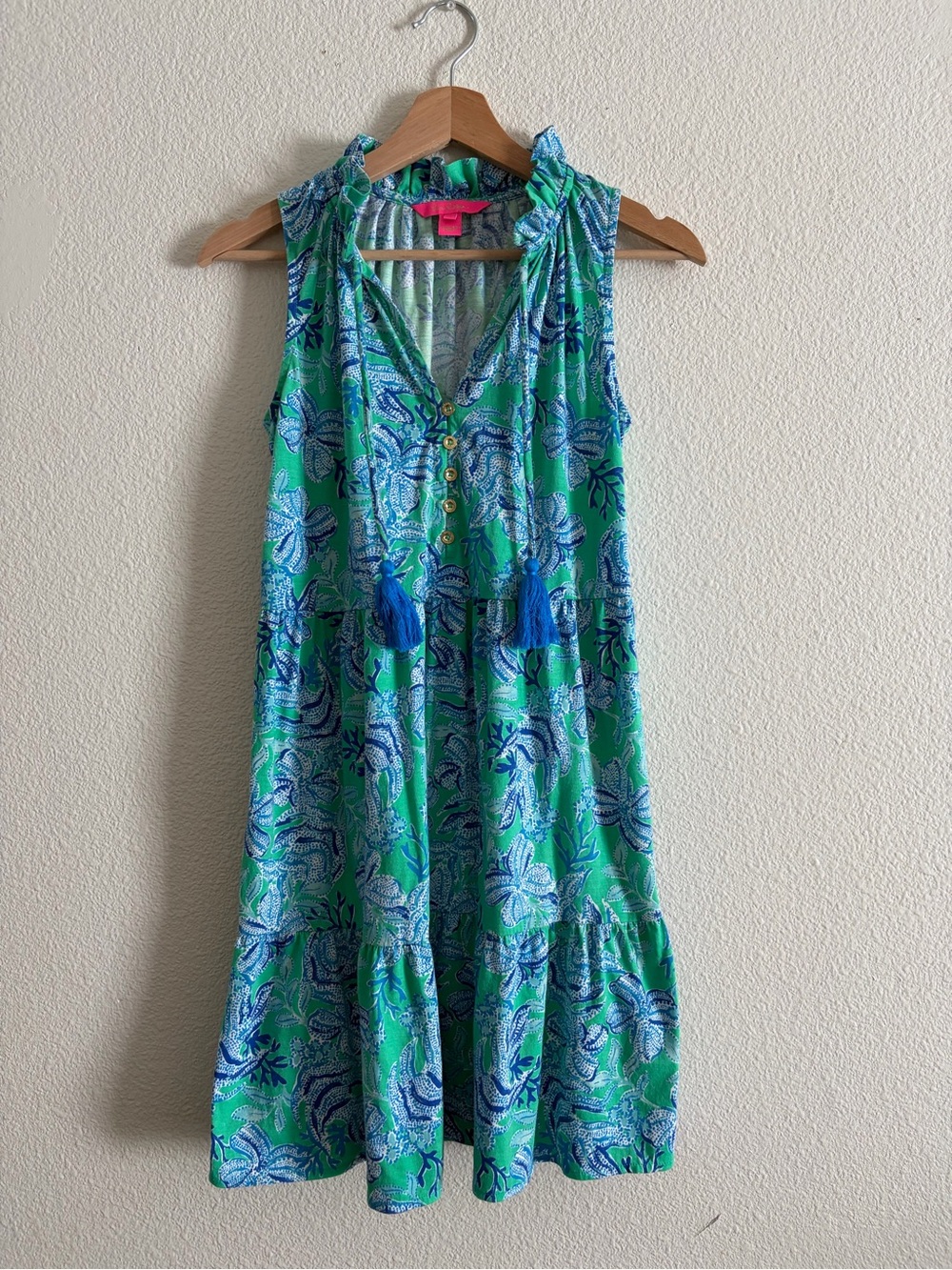 Lilly Pulitzer Green & Blue Floral Sleeveless Sundress with Ruffle Trim Sz S